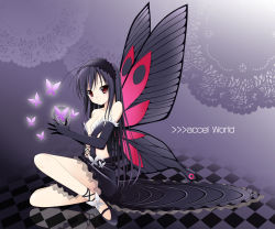 Rule 34 | 10s, 1girl, accel world, bare shoulders, black gloves, black hair, breasts, bug, butterfly, butterfly wings, cleavage, gloves, insect, insect wings, kuroyukihime, long hair, red eyes, sitting, small breasts, solo, tomosuke, wings