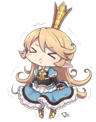 Rule 34 | &gt; &lt;, 1girl, 3:, armor, armored boots, blonde hair, boots, breastplate, charlotta (granblue fantasy), chibi, closed eyes, commentary request, crown, cursor, flipped hair, full body, gauntlets, granblue fantasy, harvin, long hair, nogisaka kushio, pointy ears, puffy short sleeves, puffy sleeves, short sleeves, simple background, solo, transparent background, trembling, very long hair, white background