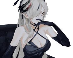 Rule 34 | 1girl, bare shoulders, black dress, black gloves, black hair, black horns, blue archive, blue eyes, breasts, cleavage, closed mouth, dress, earrings, elbow gloves, gloves, grey hair, hair over one eye, highres, horns, jewelry, kawatiw, large breasts, long hair, makoto (blue archive), makoto (dress) (blue archive), multicolored hair, official alternate costume, pointy ears, revision, simple background, solo, streaked hair, upper body, white background