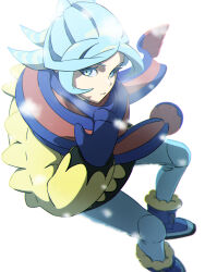 Rule 34 | 1boy, absurdres, aqua eyes, aqua hair, blue footwear, blue mittens, blue scarf, boots, closed mouth, commentary request, creatures (company), floating scarf, game freak, grusha (pokemon), hand up, highres, jacket, long sleeves, male focus, mittens, nintendo, outdoors, pants, pokemon, pokemon sv, scarf, signature, sissel0104, snowing, solo, yellow jacket