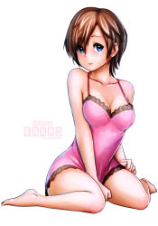 Rule 34 | 10s, 1girl, 2012, artist name, bare shoulders, between legs, blue eyes, blush, breasts, brown hair, camisole, cleavage, erkaz, hand between legs, large breasts, legs, lingerie, looking at viewer, original, short hair, simple background, sitting, sleeveless, solo, spaghetti strap, tareme, underwear, wariza, white background