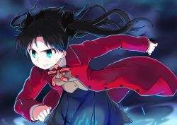 Rule 34 | 1girl, black hair, blue eyes, bow, bowtie, fate/stay night, fate (series), highres, jacket, long hair, magic, nosuku, pleated skirt, running, skirt, solo, sweat, tohsaka rin, twintails, uniform