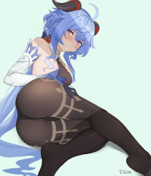 Rule 34 | 1girl, absurdres, ahoge, ass, bare shoulders, bell, black pantyhose, blue hair, blush, breasts, cowbell, cum, cum in mouth, detached sleeves, feet, ganyu (genshin impact), genshin impact, gloves, goat horns, half-closed eyes, hand on own ass, highres, horns, huge filesize, legs, leotard, long sleeves, looking at viewer, neck bell, pantyhose, pink eyes, saliva, solo, tamago (eva1314056), thighs