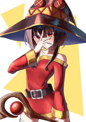 Rule 34 | 1girl, absurdres, arm at side, bandaged leg, bandages, belt, belt buckle, black belt, black hat, blush, breasts, brown hair, buckle, closed mouth, collarbone, commentary, cowboy shot, dress, hair between eyes, hair strand, hand on own face, hand up, hat, highres, holding, holding staff, kitsutsuki tsuki, kono subarashii sekai ni shukufuku wo!, looking at viewer, megumin, off-shoulder dress, off shoulder, red dress, red eyes, short dress, short hair, short hair with long locks, sidelocks, small breasts, smile, solo, spread fingers, staff, standing, thighhighs, triangle, two-tone background, white background, witch hat, yellow background, zettai ryouiki