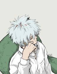 Rule 34 | 1boy, boku no hero academia, chair, closed eyes, closed mouth, collared shirt, commentary, ear piercing, earrings, english commentary, grey background, grey hair, grey shirt, hand up, highres, jewelry, long sleeves, male focus, piercing, shirt, signature, simple background, sitting, sleeping, solo, spoilers, todoroki touya, white shirt, yu shi (ametoki ichi)