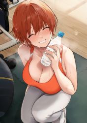Rule 34 | 1girl, absurdres, akito (d30n26), ball, bare shoulders, bottle, breasts, breath, brown hair, cleavage, closed eyes, collarbone, dumbbell, exercise ball, from above, grin, hair between eyes, highres, holding, holding bottle, large breasts, looking at viewer, looking up, nagi (akito), orange sports bra, original, pants, raised eyebrows, short hair, smile, solo, sports bra, sportswear, squatting, sweat, water bottle, wooden floor, yoga mat, yoga pants