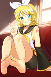 Rule 34 | &gt;:), 1girl, absurdres, aqua eyes, bare shoulders, barefoot, belt, black sailor collar, black shorts, black sleeves, blonde hair, bow, couch, detached sleeves, flat chest, grin, hair bow, hair ornament, hairclip, headphones, headset, highres, kagamine rin, knee to chest, light blush, looking at viewer, meruko-san, midriff peek, nail polish, neckerchief, number tattoo, sailor collar, shirt, short hair, shorts, shoulder tattoo, sitting, sleeveless, sleeveless shirt, smile, solo, tattoo, toenail polish, toenails, treble clef, v, v-shaped eyebrows, vocaloid, window, yellow belt, yellow nails, yellow neckerchief