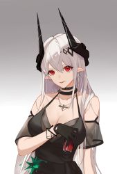 Rule 34 | 1girl, absurdres, arknights, bare shoulders, black choker, black gloves, breasts, choker, cleavage, commentary request, cup, drinking glass, earrings, gloves, gradient background, grey background, hair between eyes, highres, holding, holding cup, horns, jewelry, large breasts, long hair, looking at viewer, mudrock (arknights), mudrock (obsidian) (arknights), necklace, official alternate costume, parted lips, pointy ears, red eyes, shiguangbai, short sleeves, solo, tongue, tongue out, upper body, very long hair, white background, white hair