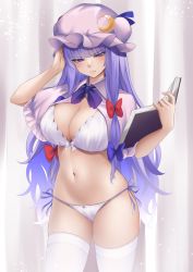 Rule 34 | 1girl, annoyed, book, bow, bra, breasts, cleavage, closed mouth, crescent, crescent hat ornament, frown, hair bow, hat ornament, highres, holding, holding book, large breasts, long hair, looking at viewer, momendoufu, navel, open mouth, panties, patchouli knowledge, purple eyes, purple hair, red bow, revision, solo, string panties, thighhighs, thighs, touhou, underwear, white bra, white panties, white thighhighs