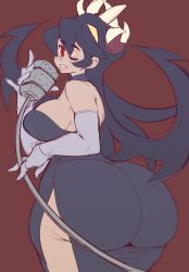 Rule 34 | 1girl, absurdres, ass, black hair, blush, breasts, choker, cowboy shot, dress, elbow gloves, filia (skullgirls), from behind, gloves, highres, huge ass, large breasts, long hair, looking at viewer, looking back, microphone, parted lips, red background, red eyes, samson (skullgirls), side slit, skullgirls, smile, solo, tagme, techfuzz