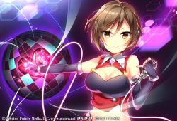 Rule 34 | 1girl, black gloves, blush, breasts, brown eyes, brown hair, cleavage, closed mouth, disco ball, elbow gloves, fingerless gloves, gloves, heart, kurisu sai, large breasts, looking at viewer, meiko (vocaloid), nail polish, pink nails, short hair, smile, solo, vocaloid