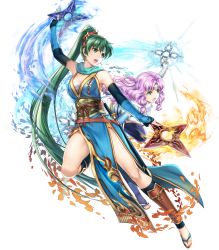 Rule 34 | 2girls, bare shoulders, breasts, circlet, cleavage, dual wielding, earrings, elbow gloves, female focus, fingerless gloves, fire emblem, fire emblem: the blazing blade, fire emblem heroes, florina (fire emblem), full body, gloves, green eyes, green hair, hair ornament, highres, holding, holding weapon, japanese clothes, jewelry, leg up, long hair, looking away, lyn (fire emblem), matching hair/eyes, medium breasts, multiple girls, ninja, nintendo, official art, open mouth, pelvic curtain, ponytail, purple hair, sandals, sheath, sheathed, shiny skin, shuriken, sleeveless, sword, thighs, toes, transparent background, very long hair, weapon, yamada koutarou