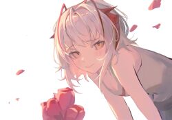 Rule 34 | 1girl, absurdres, antenna hair, arknights, bare shoulders, beiwushide lr, bent over, blush, breasts, cleavage, closed mouth, flower, grey hair, grey tank top, highres, looking at viewer, multicolored hair, raised eyebrow, red flower, red hair, red tulip, short hair, simple background, sleeveless, small breasts, solo, streaked hair, tank top, tulip, upper body, w (arknights), white background, yellow eyes