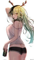 Rule 34 | 1girl, antlers, arm up, ass, bare shoulders, blush, breasts, butt crack, ceres fauna, drink, flower, from side, green hair, hair between eyes, hair flower, hair ornament, highres, holding, holding drink, hololive, hololive english, horns, kotodekun, large breasts, long hair, looking at viewer, shiny skin, solo, sparkle, standing, steam from mouth, strap slip, sweat, tongue, tongue out, twitter username, upper body, virtual youtuber, white background, yellow eyes