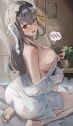 Rule 34 | 1girl, absurdres, ass, bandaged hand, bandages, between breasts, breasts, character doll, cleavage, commander (nikke), doll, elvandec, goddess of victory: nikke, grey hair, hair between eyes, hair ornament, hair ribbon, highres, holding, holding doll, large breasts, long hair, long sleeves, modernia (first affection) (nikke), modernia (nikke), off shoulder, on bed, open mouth, red eyes, ribbon, shirt, sitting, sleeves past wrists, smile, solo, teeth, upper teeth only, white shirt, yellow ribbon