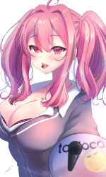 Rule 34 | 1girl, azur lane, bra, bra peek, breasts, bremerton (azur lane), brown cardigan, cardigan, cleavage, hair intakes, highres, indirect kiss, jewelry, large breasts, long hair, looking at viewer, manjuu (azur lane), necklace, outstretched arm, partially unbuttoned, pink eyes, pink hair, poco., school uniform, shirt, signature, simple background, solo, tongue, tongue out, twintails, underwear, upper body, white background, white shirt