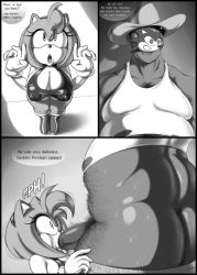 Rule 34 | 1boy, 1girl, amy rose, angelauxes, breasts, cleavage, deception, fat, fat man, fellatio, furry, gloves, hairy, hat, headband, hedgehog, hetero, huge breasts, huge penis, long eyelashes, looking up, mask, monochrome, oral, penis, puffy nipples, sega, shortstack, size difference, smile, sonic (series), sonic (series), spanish text, sweat, tank top, translation request