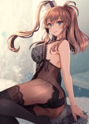 Rule 34 | 1girl, alternate costume, ass, battle effectiveness award, black panties, black thighhighs, blue background, blue eyes, blurry, blurry background, breasts, brown hair, butt crack, camisole, hair between eyes, hair ornament, highres, kantai collection, kasumi (skchkko), large breasts, light particles, lingerie, lips, negligee, panties, ponytail, saratoga (kancolle), see-through, side ponytail, sidelocks, sitting, smile, solo, thighhighs, underwear, yellow background