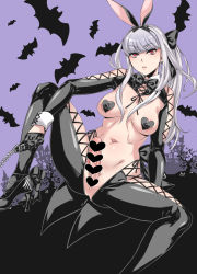Rule 34 | 1futa, animal ears, areola slip, ass, black footwear, black gloves, bow, bowtie, breasts, censored, chain, chokukame, commentary request, covered erect nipples, erection, futanari, gloves, half gloves, heart, heart censor, heart pasties, high heels, highres, long hair, meme attire, navel, omega-f, omega (final fantasy), original, pasties, penis, ponytail, rabbit ears, red eyes, reverse bunnysuit, reverse outfit, silver hair, sitting, solo, spread legs