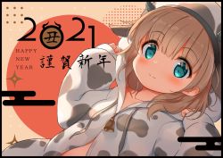 Rule 34 | 1girl, 2021, animal ears, animal print, arms up, bell, blue eyes, blush, brown hair, coat, commentary request, cow ears, cow horns, cow print, happy new year, hat, highres, hood, horns, new year, original, short hair, smile, solo, tsumiki akeno, upper body, white coat, white hat