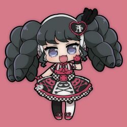 Rule 34 | 1girl, :d, asymmetrical legwear, black hair, blue eyes, blush, chibi, chii (chi pppuri), commentary request, dress, fang, full body, gaaruru (pripara), gloves, hair ornament, hand up, headphones, heart, heart hair ornament, highres, idol clothes, long hair, looking at viewer, mismatched legwear, multicolored clothes, multicolored dress, open mouth, pink background, pretty series, print dress, pripara, red background, red footwear, red gloves, shoes, sidelocks, simple background, skull print, smile, solo, standing, twintails