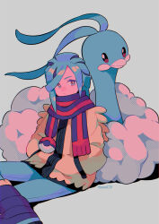 Rule 34 | 1boy, altaria, blue footwear, boots, closed mouth, commentary, creatures (company), crossed legs, game freak, gen 3 pokemon, green eyes, green hair, green pants, grusha (pokemon), highres, jacket, long hair, male focus, menma (enaic31), nintendo, pants, poke ball print, pokemon, pokemon (creature), pokemon sv, scarf, striped clothes, striped scarf, yellow jacket