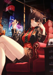 Rule 34 | 1girl, absurdres, alcohol, animal ear fluff, animal ears, arknights, bare legs, billboard, black hair, black jacket, black knight, black shorts, blouse, blush, bottle, breasts, building, cigarette, closed mouth, collared shirt, crossed legs, cup, drink, drinking glass, ear piercing, exusiai (arknights), feet out of frame, finger to mouth, green necktie, highres, holding, holding cigarette, ice, ice cube, indoors, jacket, lappland (arknights), long hair, long sleeves, looking at viewer, medium breasts, necktie, night, official alternate costume, open clothes, open jacket, orange eyes, photo (object), piercing, pinky to mouth, ponytail, red shirt, shirt, short shorts, shorts, sitting, smile, smoke, solo, striped clothes, striped necktie, striped shorts, texas (arknights), texas (willpower) (arknights), vertical-striped clothes, vertical-striped shorts, whiskey, window, wolf ears