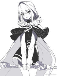 Rule 34 | 1girl, blush, cape, capelet, dress, fate (series), fur trim, gray (fate), hair between eyes, head tilt, holding, holding weapon, hood, hood up, long hair, long sleeves, looking at viewer, lord el-melloi ii case files, parted lips, rhongomyniad (fate), ririko (zhuoyandesailaer), simple background, sleeves past wrists, smile, solo, weapon, white background