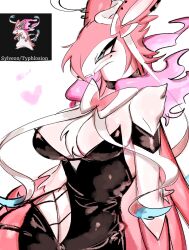 Rule 34 | 1girl, bare arms, black dress, blue eyes, blush, breasts, closed mouth, creatures (company), dress, ear piercing, fang, fang out, fire, furry, furry female, fusion, game freak, gen 2 pokemon, gen 6 pokemon, highres, large breasts, nintendo, piercing, pink fire, pokemon, pokemon (creature), pokemon infinite fusion, solo, standing, sylveon, typhlosion, usa37107692