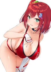 Rule 34 | 1girl, after paizuri, asymmetrical gloves, bent over, bikini, blush, breasts, choker, cleavage, dolphin wave, elbow gloves, gloves, green eyes, green scrunchie, hair intakes, hair ornament, hand on own chest, highres, large breasts, looking at viewer, parted lips, red bikini, red hair, sakimiya iruka, satou kuuki, scrunchie, side ponytail, solo, swimsuit, thighhighs, water drop, wet, white background, white gloves