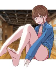Rule 34 | 1girl, :d, absurdres, ao no hako (wsj), barefoot, blue jacket, blurry, blurry background, breasts, brown eyes, brown hair, chono hina, foot out of frame, highres, jacket, knees up, leotard, long sleeves, looking at viewer, open mouth, photo background, pink leotard, sanche (3che3), sitting, small breasts, smile, solo