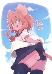 Rule 34 | 1girl, animal ears, ass, black skirt, black thighhighs, blue eyes, clothes lift, cloud, from side, furry, furry female, heart, highres, lifted by self, mouse ears, mouse girl, mouse girl (yuuki (yuyuki000)), mouse tail, one-piece swimsuit, open mouth, original, outdoors, pink hair, school swimsuit, school uniform, serafuku, shirt, short hair, skindentation, skirt, skirt lift, sky, smile, solo, swimsuit, swimsuit under clothes, tail, thighhighs, thighs, white shirt, yuuki (yuyuki000)