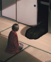Rule 34 | 1girl, animal, bob cut, brown hair, cat, cat paw, commentary request, from behind, fusuma, indoors, jacket, japanese clothes, long sleeves, monokubo, on floor, original, oversized animal, plaid, plaid jacket, red jacket, seiza, short hair, sitting, sliding doors, solo, tagme, tatami