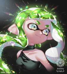 Rule 34 | 1girl, black background, black dress, blunt bangs, closed mouth, clothing cutout, commentary, dress, english text, green hair, grey eyes, houseki no kuni, inkling, inkling girl, inkling player character, iria (yumeirokingyo), light particles, long hair, looking to the side, mask, nintendo, pointy ears, shoulder cutout, sleeveless, sleeveless dress, smile, solo, sparkle, splatoon (series), twintails, upper body
