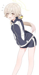 Rule 34 | 1girl, alternate costume, blue archive, blush, commentary, hair between eyes, hair ornament, halo, hifumi (blue archive), highres, jacket, light brown hair, looking at viewer, low twintails, open mouth, shorts, simple background, solo, track jacket, twintails, white background, yellow eyes, zundamochi (pixiv13535730)