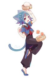 1girl :o absurdres animal_ears arm_up black_sailor_collar blue_hair blue_shirt blue_socks blush brown_pants cat_ears cat_girl cat_tail commentary_request fang food full_body hand_up highres leg_up multicolored_hair neck_ribbon open_mouth original pants puffy_short_sleeves puffy_sleeves red_eyes red_ribbon ribbon sailor_collar shirt short_hair short_sleeves signature simple_background skin_fang socks solo sorata123 standing standing_on_one_leg steamed_bun streaked_hair tail white_background