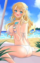 Rule 34 | 1girl, ass, atago (kancolle), beach, bikini, blonde hair, blue eyes, blue nails, blue sky, breasts, cloud, commentary request, day, feet out of frame, flower, from behind, hair flower, hair ornament, horizon, kantai collection, large breasts, long hair, looking at viewer, lotion, nail polish, ocean, outdoors, sitting, sky, solo, sunscreen, swimsuit, wariza, white bikini, yomogi dango