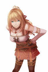 Rule 34 | 1girl, aqua eyes, bare shoulders, belt, blonde hair, breasts, brown choker, brown thighhighs, choker, cleavage, closed mouth, collarbone, cowboy shot, crop top, detached sleeves, fiora (xenoblade), garter straps, hair ribbon, hand on own hip, highres, jewelry, leaning forward, long hair, long sleeves, looking at viewer, medium breasts, nintendo, pendant, red ribbon, red skirt, redpoke, ribbon, skirt, sleeves past wrists, smile, solo, thighhighs, xenoblade chronicles (series), xenoblade chronicles 1, zettai ryouiki