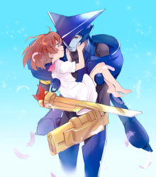 Rule 34 | 1boy, 1girl, arm blade, asagi marin, barefoot, blue background, blue skin, brigadoon, brown hair, carrying, colored skin, crying, crying with eyes open, dress, feathers, gradient background, green eyes, helmet, melan blue, okchoko, princess carry, red eyes, red ribbon, ribbon, short hair, simple background, standing, tears, weapon, white dress