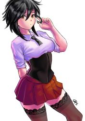 Rule 34 | 1girl, black hair, black thighhighs, breasts, brown eyes, closed mouth, commentary, english commentary, jackary, long hair, looking at viewer, melfina (outlaw star), necktie, outlaw star, pleated skirt, signature, simple background, skirt, solo, thighhighs, white background
