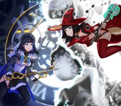 Rule 34 | 2girls, absurdres, black gloves, black hair, black skirt, blue eyes, blue hair, blue ribbon, breasts, cape, cleavage, cleavage cutout, clothing cutout, crossover, dual wielding, face-to-face, fighting stance, gloves, green eyes, guilty gear, guilty gear strive, guitar, hat, headdress, heterochromia, highres, holding, holding sword, holding weapon, hololive, hololive english, i-no, instrument, jacket, large breasts, leather, leather choker, leather gloves, leather jacket, leather shorts, multiple girls, ouro kronii, power connection, red leather, ribbon, sideboob, skirt, sword, thighhighs, trolllogicworks, virtual youtuber, weapon, witch, witch hat