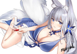 Rule 34 | 1girl, animal ear fluff, animal ears, artist name, azur lane, blue butterfly, blue collar, blue dress, blue eyes, breasts, bug, butterfly, cleavage, collar, dress, evening gown, foot out of frame, fox ears, grey hair, grey tail, halter dress, halterneck, high heels, insect, kitsune, kyuubi, large breasts, large tail, long hair, looking at viewer, lying, maoyao-ll, multiple tails, official alternate costume, on side, shinano (azur lane), shinano (dreams of the hazy moon) (azur lane), shoes, simple background, solo, tail, very long hair, white background, white footwear