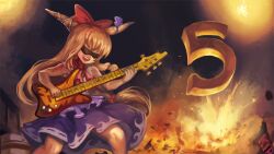 Rule 34 | 1girl, :d, blonde hair, bow, brown horns, commentary request, cookie (touhou), electric guitar, explosion, feet out of frame, fire, guitar, hair bow, highres, holding, holding guitar, holding instrument, horn ornament, horn ribbon, horns, ibuki suika, instrument, long hair, medium bangs, music, niconico, niconico headquarters (harajuku), open mouth, playing instrument, purple bow, purple skirt, red bow, ribbon, ribbon-trimmed skirt, ribbon trim, second-party source, shirt, sidelocks, skirt, sleeveless, sleeveless shirt, smile, solo, standing, sunglasses, teeth, touhou, upper teeth only, white shirt, yamin (cookie), yilx