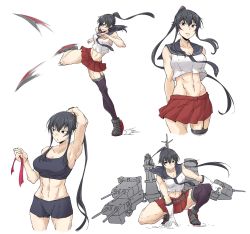 Rule 34 | 1girl, abs, anchor symbol, arms up, black hair, black sailor collar, black shorts, breasts, brown eyes, clenched teeth, closed mouth, gloves, highres, kantai collection, kicking, large breasts, long hair, midriff, multiple views, parted lips, ponytail, purple thighhighs, red skirt, rigging, rindou (rindou annon), rudder footwear, sailor collar, shorts, sidelocks, simple background, single thighhigh, skirt, sleeveless, sports bra, squatting, teeth, thighhighs, toned, very long hair, white background, white gloves, yahagi (kancolle)
