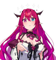 Rule 34 | 1girl, blue eyes, blush, breasts, cleavage, crystal wings, dasdokter, detached sleeves, double halo, halo, heterochromia, highres, hololive, hololive english, horns, irys (irys 2.0) (hololive), irys (hololive), long hair, looking at viewer, medium breasts, nail polish, pink eyes, pointy ears, purple hair, simple background, solo, virtual youtuber, white background