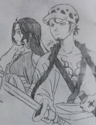 Rule 34 | 1boy, 1girl, boa hancock, chest tattoo, earrings, facial hair, goatee, hand tattoo, hat, highres, holding, holding weapon, japanese clothes, kimono, long hair, looking to the side, midnight mah, one piece, short hair, snake earrings, tattoo, traditional media, trafalgar law, weapon