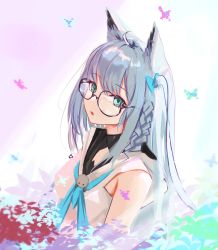 Rule 34 | 1girl, absurdres, ahoge, animal ears, aqua eyes, bespectacled, blue neckwear, bow, braid, commentary request, fox ears, glasses, grey hair, hair bow, highres, hololive, kayjae, long hair, looking at viewer, mixed-language commentary, one side up, shirakami fubuki, shirakami fubuki (1st costume), shirt, single braid, sleeveless, sleeveless shirt, solo, upper body, virtual youtuber, white shirt