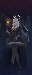 Rule 34 | 1girl, absurdres, black dress, black footwear, black gloves, blue archive, blush, candle, closed mouth, commentary request, dark, dress, from below, full body, gloves, grey hair, grey thighhighs, halo, highres, holding candle stand, indoors, juliet sleeves, kji (rozo), knees together feet apart, long hair, long sleeves, looking at viewer, nun, puffy sleeves, red eyes, sakurako (blue archive), solo, standing, thighhighs, veil, yellow halo