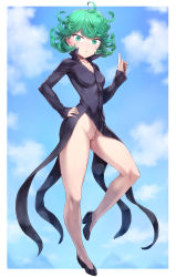 Rule 34 | 1girl, :o, absurdres, black dress, black footwear, blue sky, breasts, cleft of venus, cloud, curly hair, day, dress, fantasy, floating, flying, full body, green eyes, green hair, hand on own hip, highres, index finger raised, legs, levitation, looking at viewer, magic, mogudan, no panties, one-punch man, outside border, psychic, pussy, shoes, short hair, sky, small breasts, solo, tatsumaki, telekinesis, thighs, third-party edit, uncensored