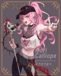 Rule 34 | 1girl, :d, armpits, bangle, bare shoulders, baseball cap, black hat, black pants, blouse, bracelet, breasts, collar, cowboy shot, crop top, crop top overhang, earrings, hat, highres, holding, hololive, hololive english, holomyth, hoop earrings, jewelry, jyuma, long hair, looking at viewer, m/, medium breasts, microphone, midriff, mori calliope, mori calliope (streetwear), multiple rings, nail polish, navel, necklace, open mouth, outstretched arm, pants, pink hair, ponytail, red eyes, revealing clothes, ring, shirt, sidelocks, skull, sleeveless, sleeveless shirt, smile, solo, spiked bracelet, spikes, standing, stomach, virtual youtuber, white shirt